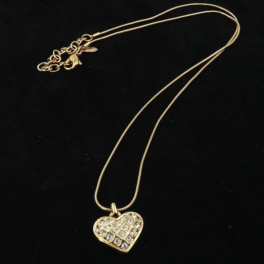Vintage 90s Monet Rhinestone Quilted Puffy Heart Gold Tone Necklace Snake Chain